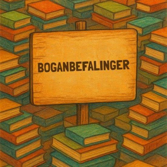 Stakke af bøger i røde og blå farver med et skilt i midten med tekste "boganbefalinger"